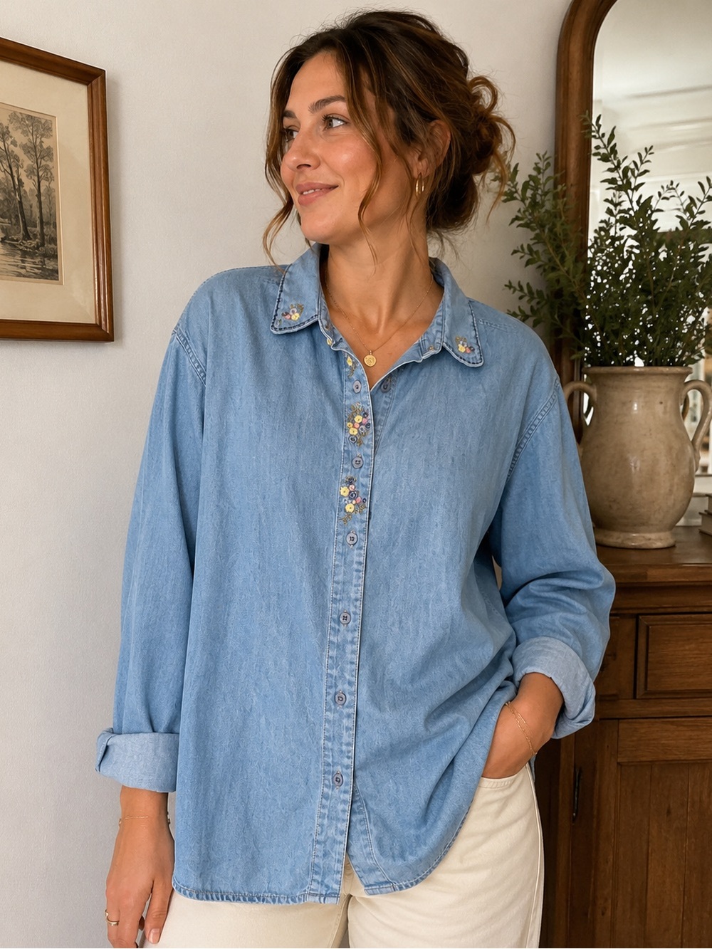 Embellished Northern Reflections Denim Button-Up Shirt